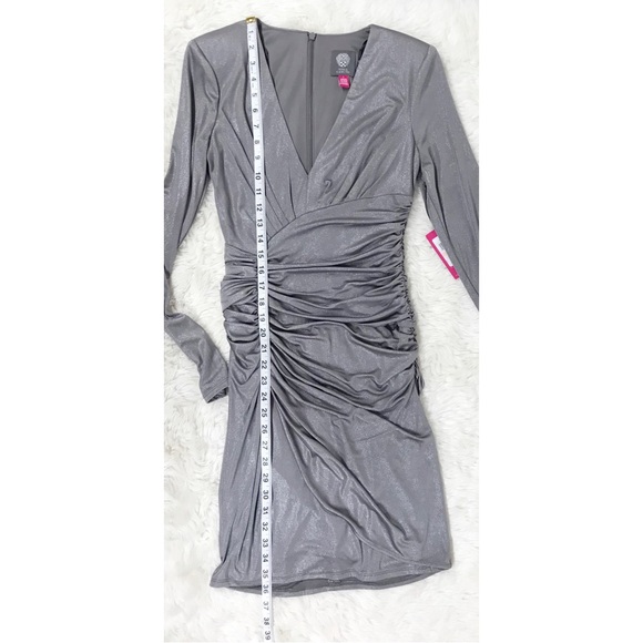 VINCE CAMUTO Silver Metallic Ruched Fitted Cocktail Dress Formal Size 2 New - Picture 13 of 13